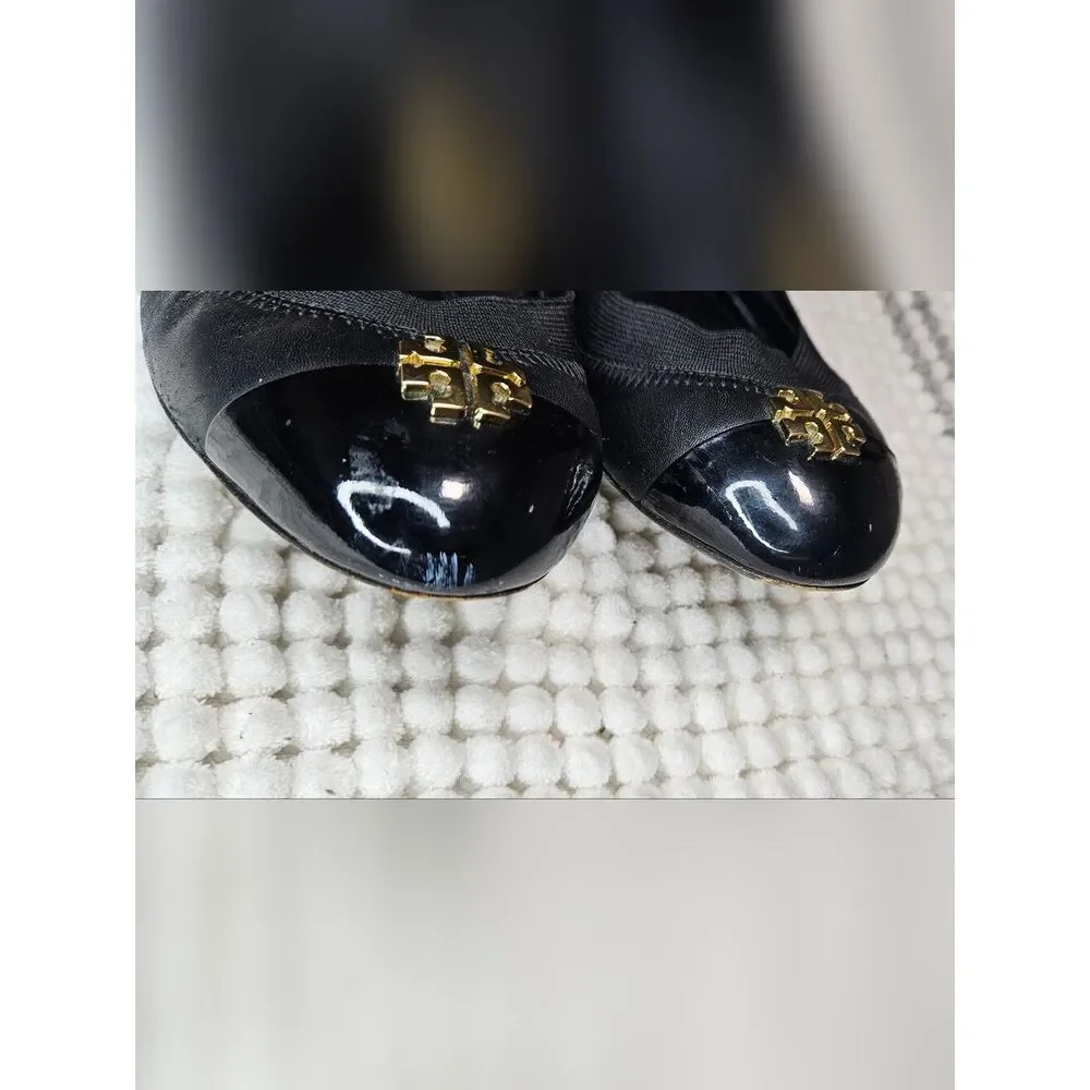 Tory Burch Ballet Flats Size-8 Black Gold Leather Jolie Stretch Shoes.